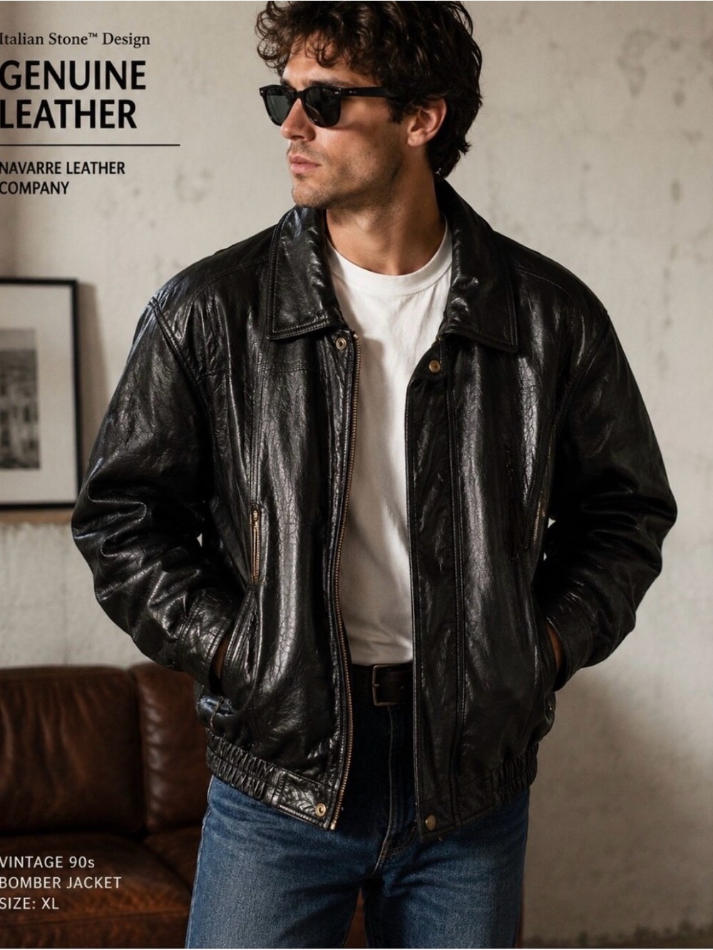 Navarre Genuine Leather Black Bomber Jacket size XL